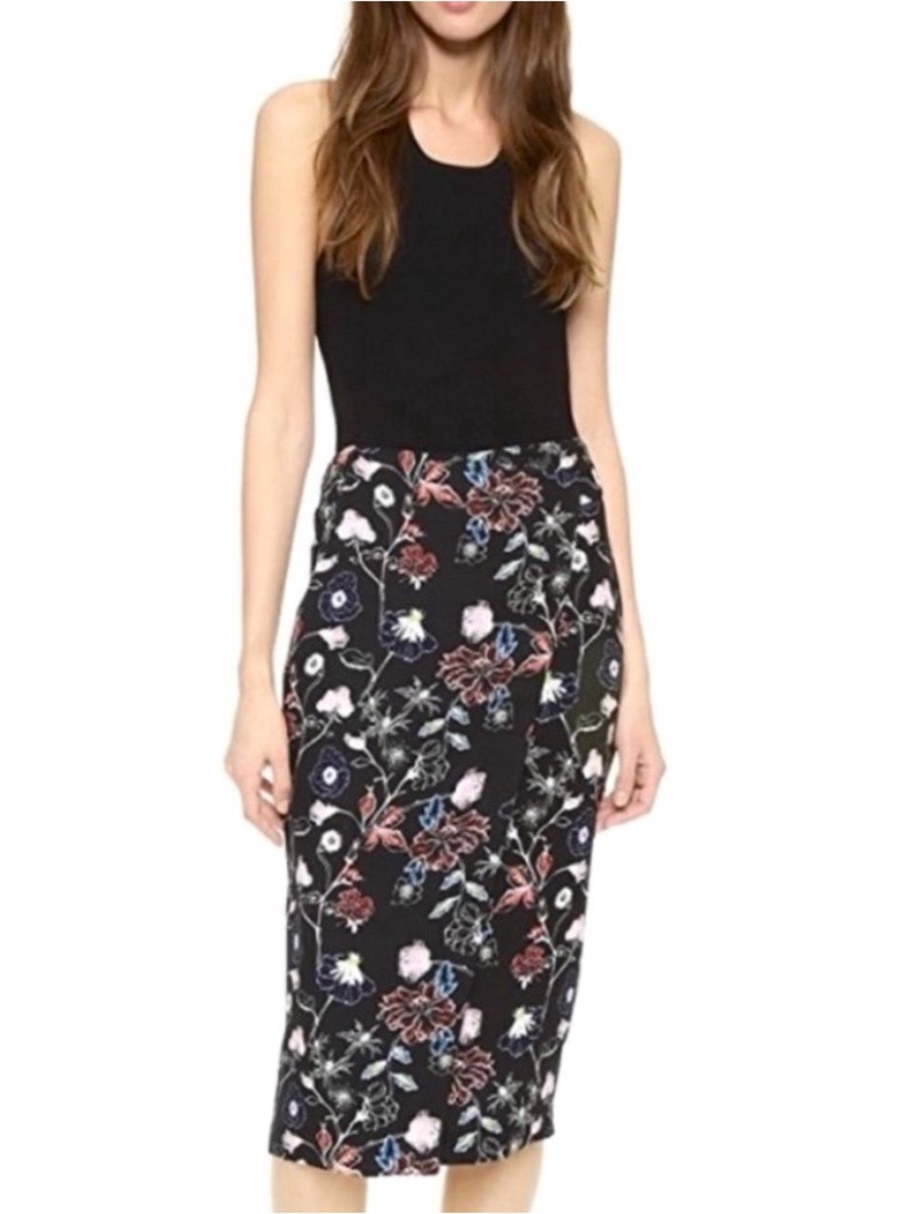 A.L.C. Daniel’s Black Floral Pencil Skirt with Multicolor Blooms Silk Women’s 6